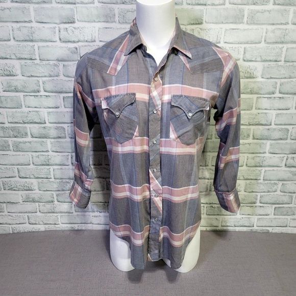 Vintage 70s H Bar C Ranchwear Mens 16-35 Lightweight Plaid Pearl Snap L/S Shirt - Picture 1 of 5